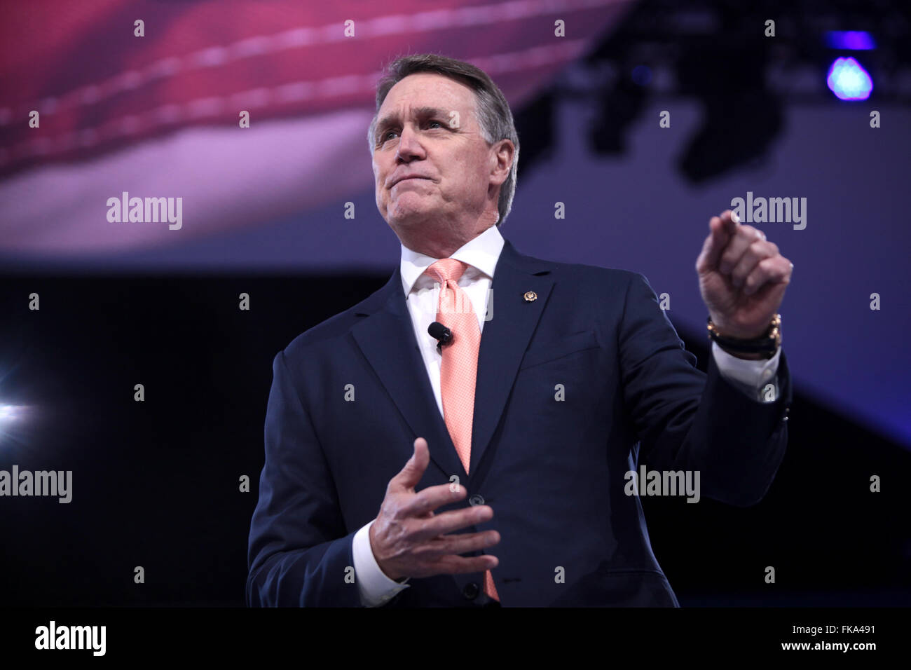 U.S. Senator David Perdue of Georgia addresses the annual American Conservative Union CPAC conference at National Harbor March 3, 2016 in Oxon Hill, Maryland. Stock Photo