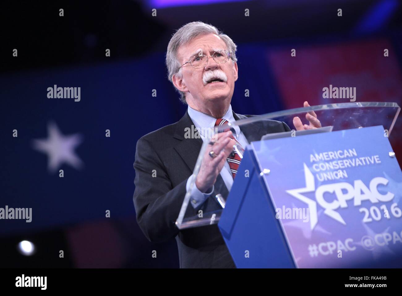 Former U.N. Ambassador John Bolton addresses the annual American Conservative Union CPAC conference at National Harbor March 3, 2016 in Oxon Hill, Maryland. Stock Photo