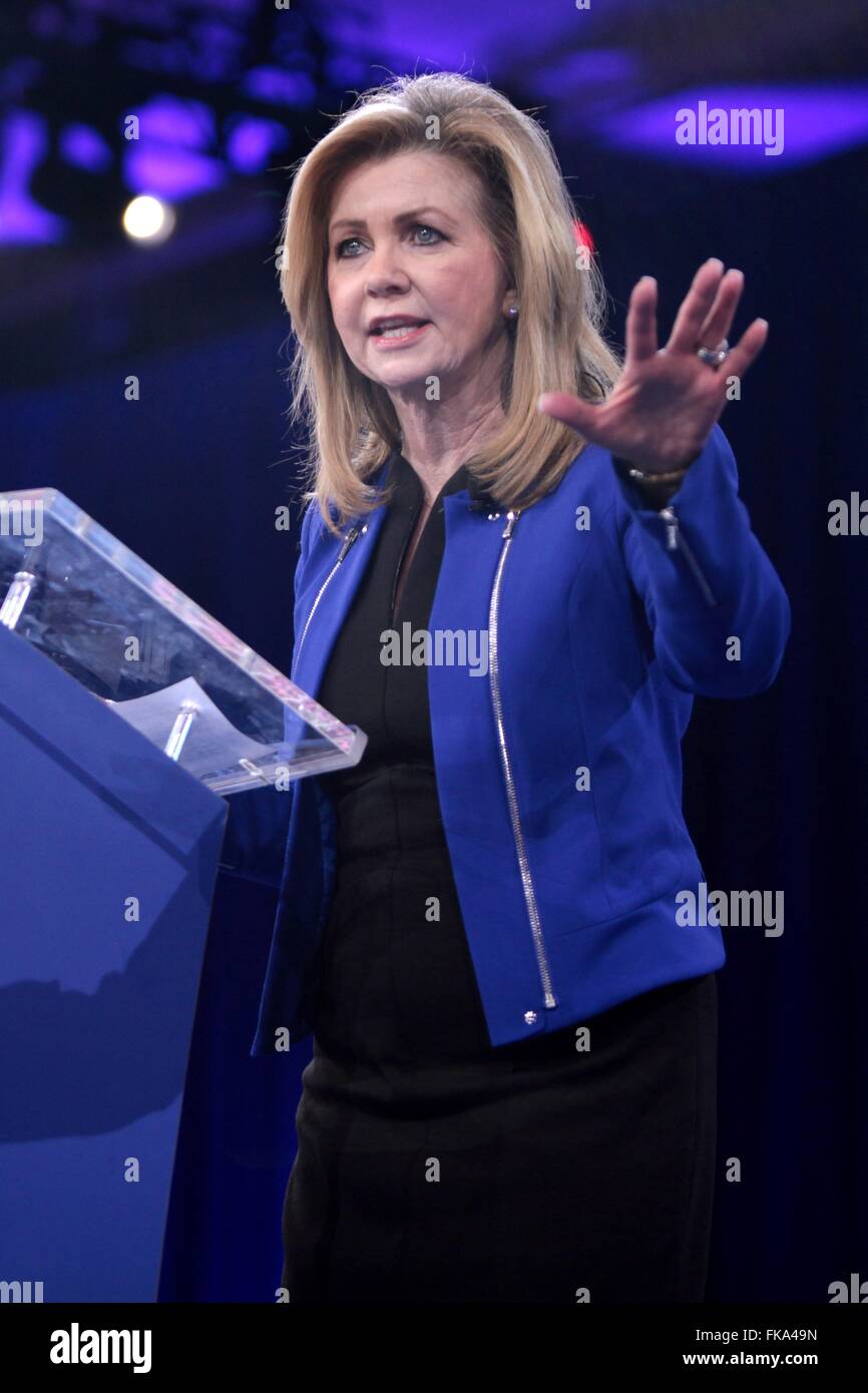 U.S. Rep. Marsha Blackburn of Tennessee addresses the annual American Conservative Union CPAC conference at National Harbor March 3, 2016 in Oxon Hill, Maryland. Stock Photo