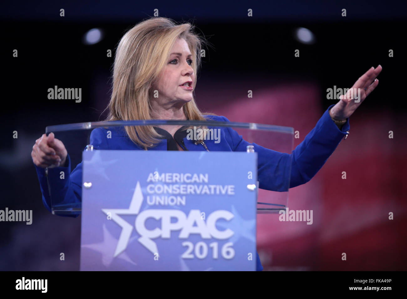 U.S. Rep. Marsha Blackburn of Tennessee addresses the annual American Conservative Union CPAC conference at National Harbor March 3, 2016 in Oxon Hill, Maryland. Stock Photo