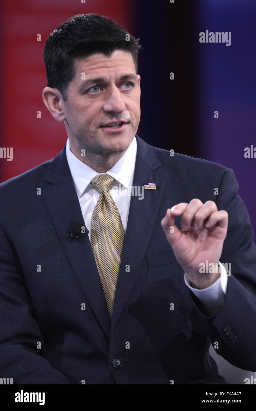 U.S Speaker of the House Rep. Paul Ryan during the annual American Conservative Union CPAC conference at National Harbor March 3, 2016 in Oxon Hill, Maryland. Stock Photo