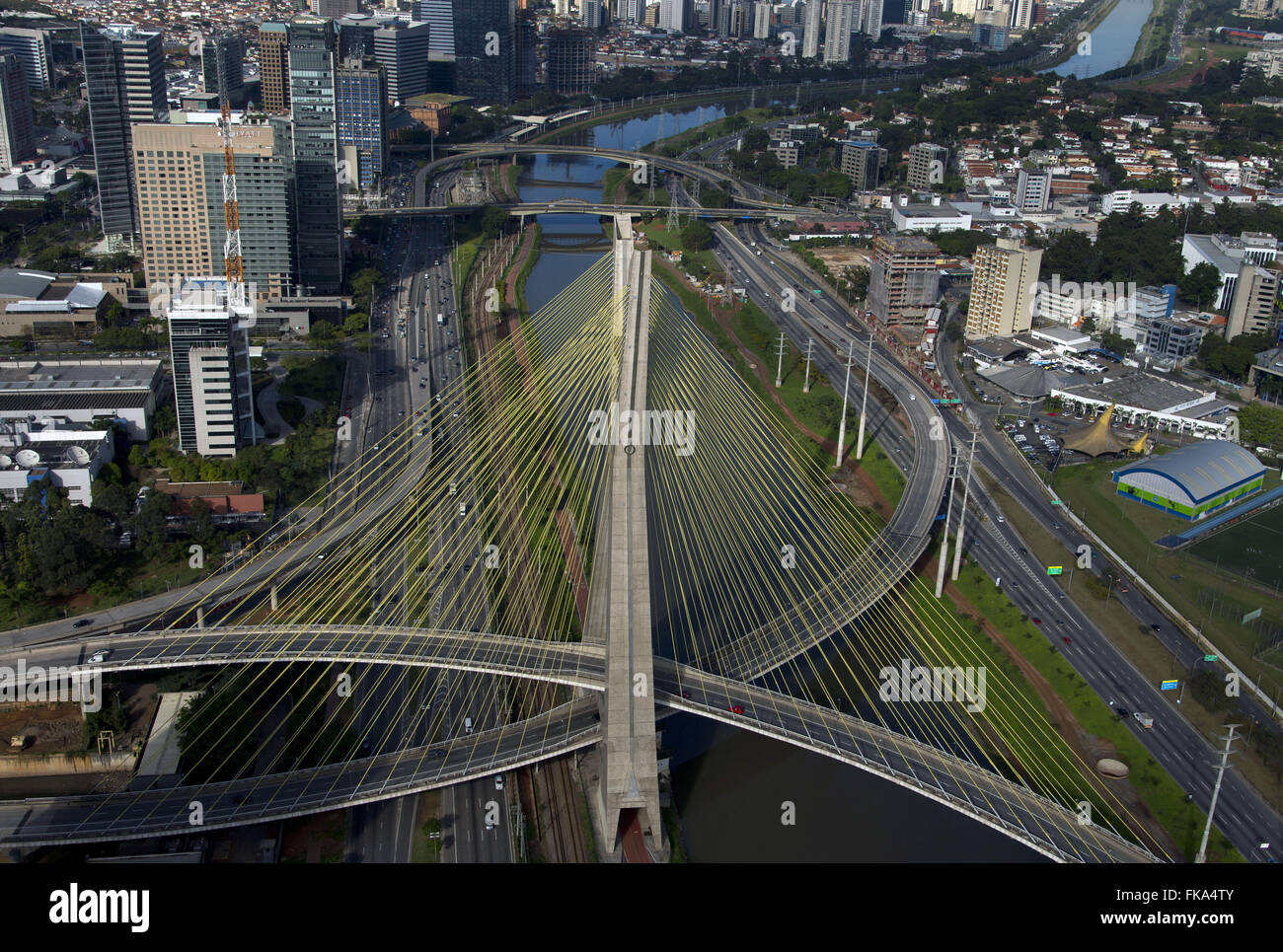 Aerial view of the Cable-Stayed Bridge Octavio Frias de Oliveira on the Pinheiros River Stock Photo