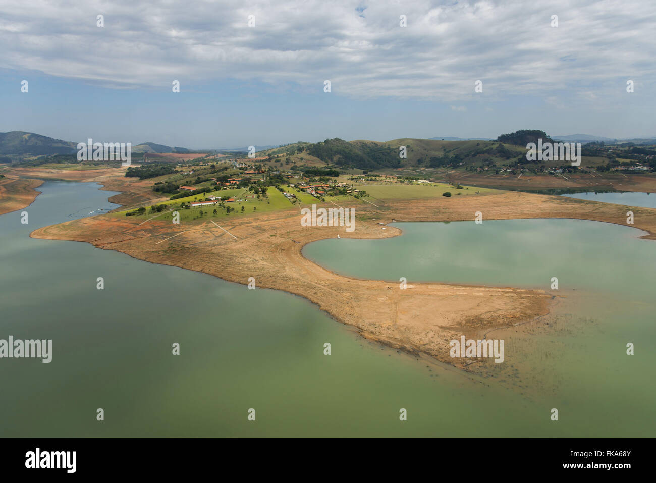 Aerial view of the dam Jaguari - formed by Jaguari Jacarei and rivers in strong drought period Stock Photo