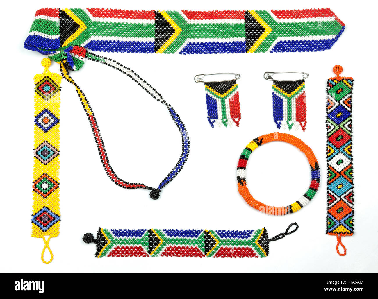 Above view of studio shot of variety of Zulu bead work threaded into