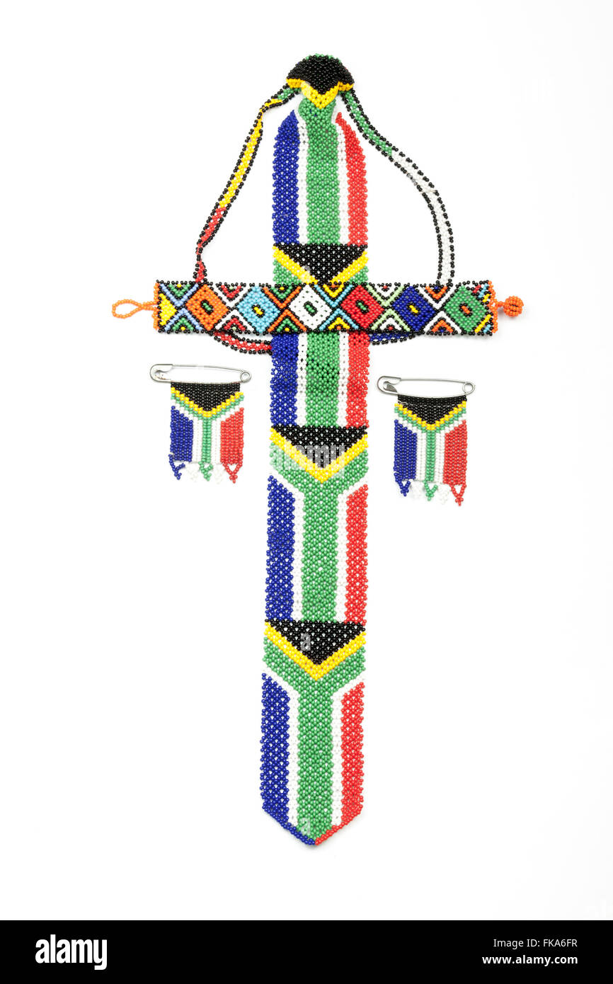 Studio shot above view of bright colored Zulu beads threaded in South African flag colors on white Stock Photo