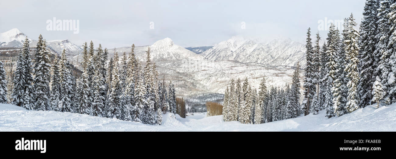A panoramic view of the Hades run at Purgatory Ski Resort after a blizzard, in the San Juan National Forest in Colorado. Stock Photo