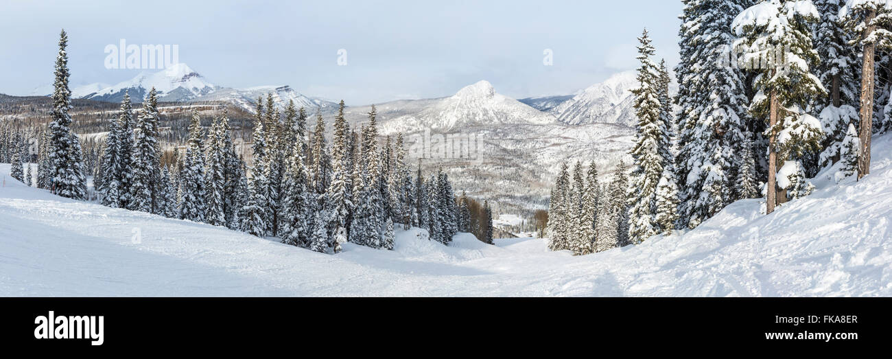 A panoramic view of the Hades run at Purgatory Ski Resort in the San Juan National Forest in Colorado. Stock Photo