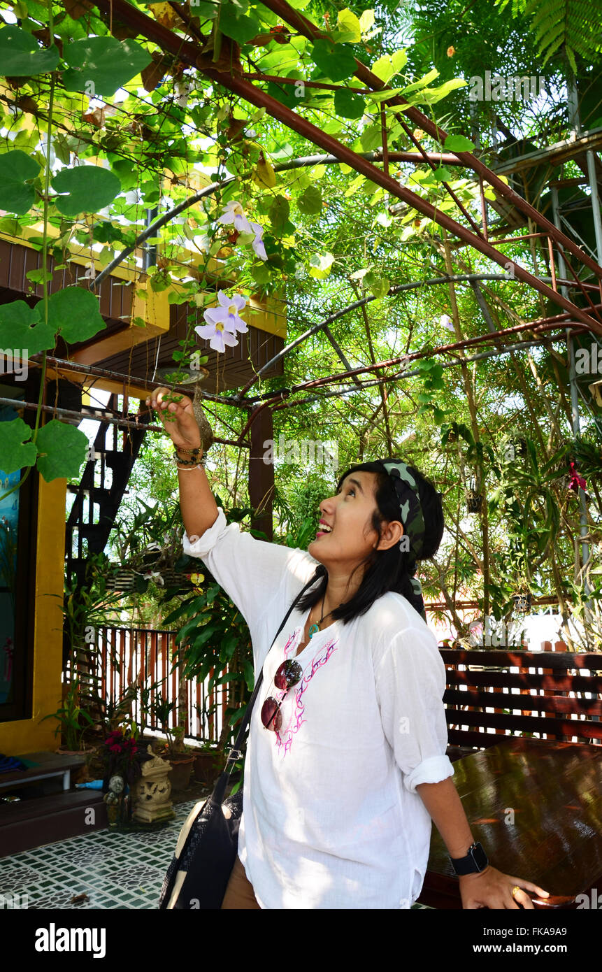 Thai woman portrait with Thunbergia grandiflora flower Stock Photo