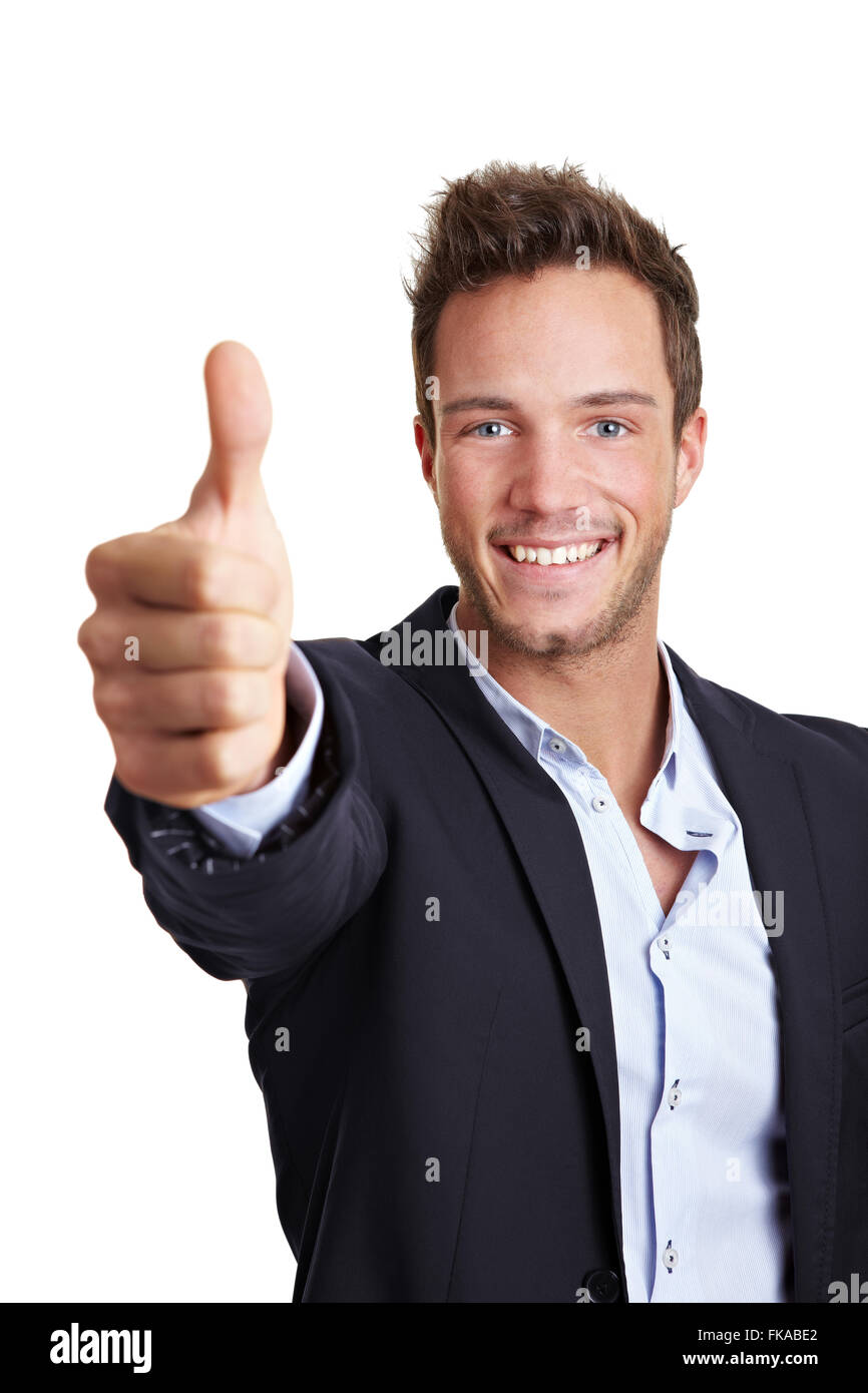 Happy young business man holding his thumbs up Stock Photo - Alamy