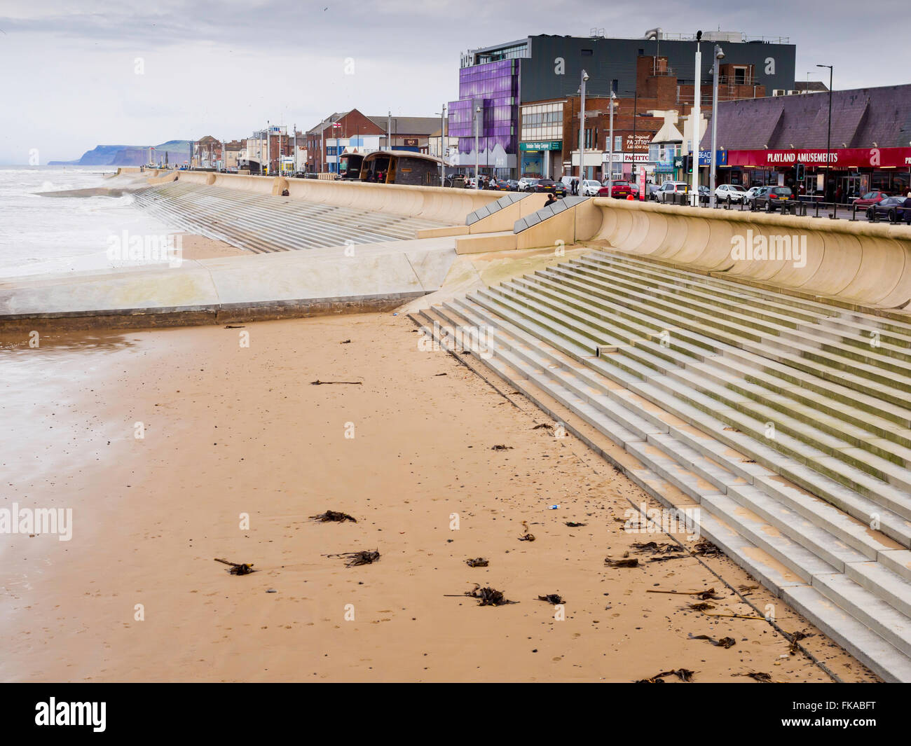 Redcar Sea Front showing the sea wall built to protect the town from