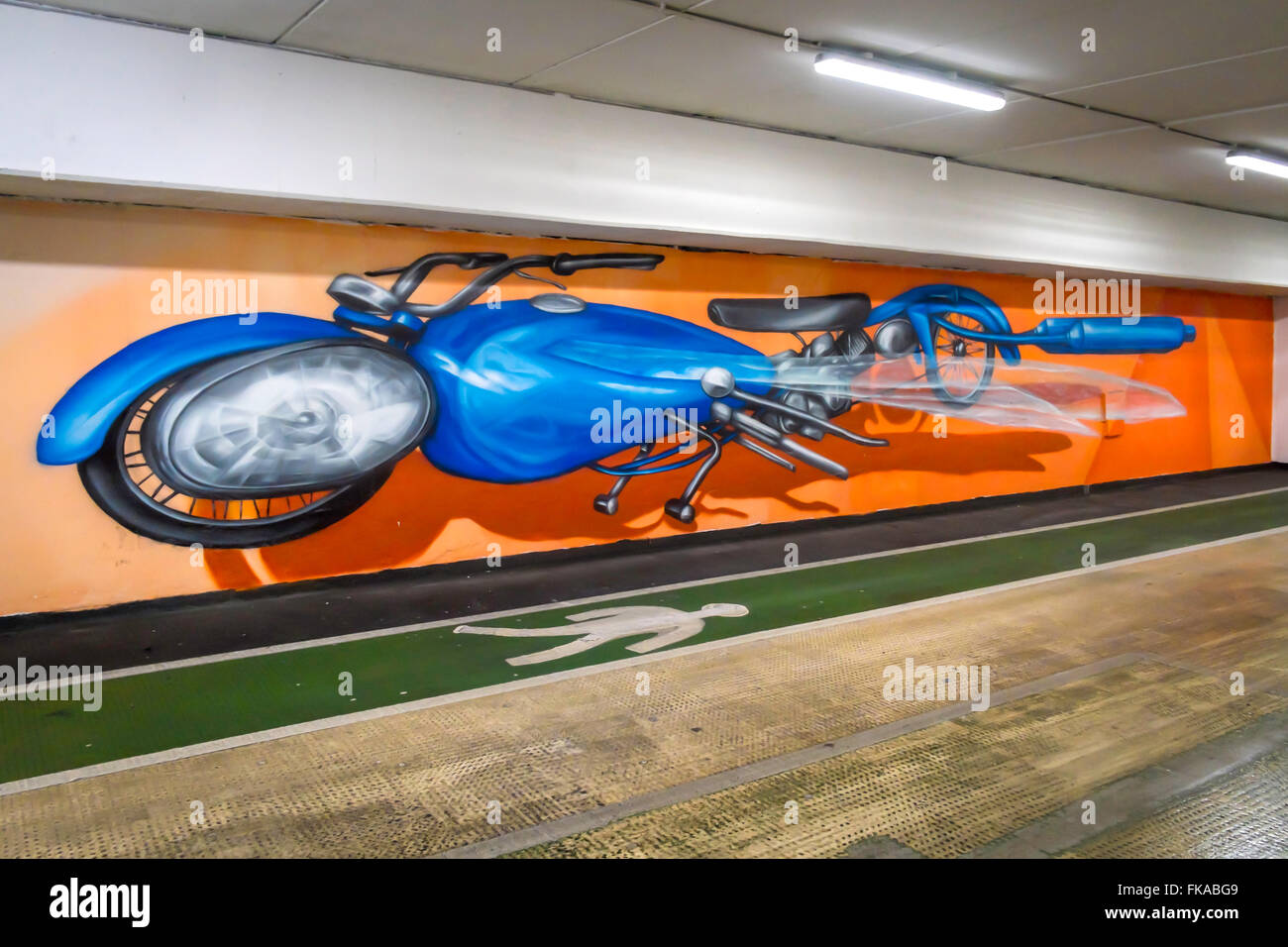 Public Art a mural showing a fictional fantastic Motor Cycle Multi Story Car park Middlesbrough Cleveland Enngland UK Stock Photo