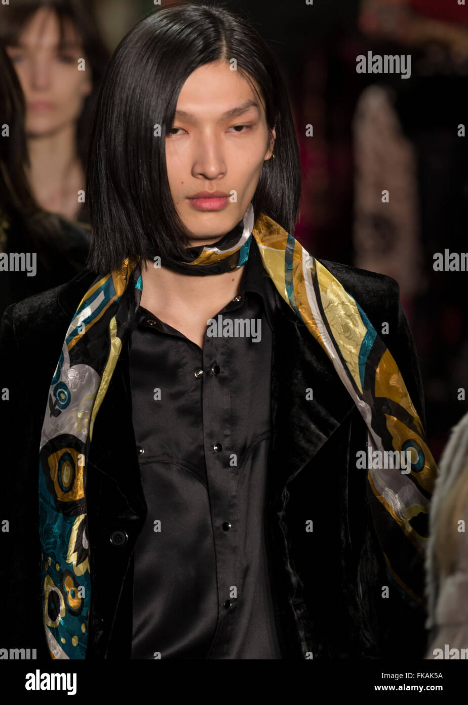 New York City, USA - February 17, 2016: Zhengyang Zhang walks the runway at Anna Sui show during NYFW F/W 2016 Stock Photo