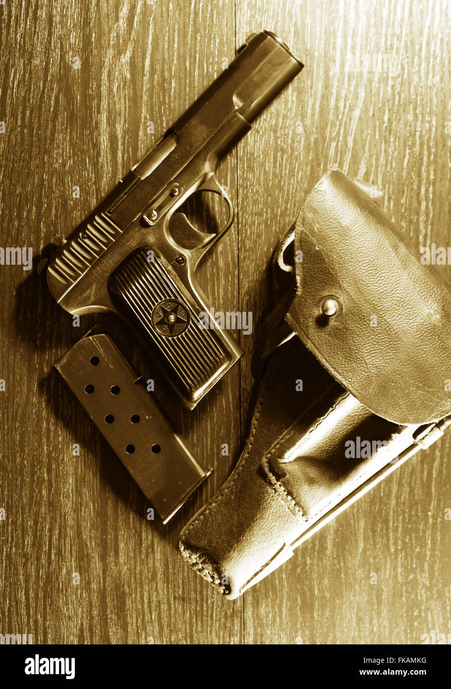 World War II Soviet equipment. Leather handgun holster and pistol Stock Photo