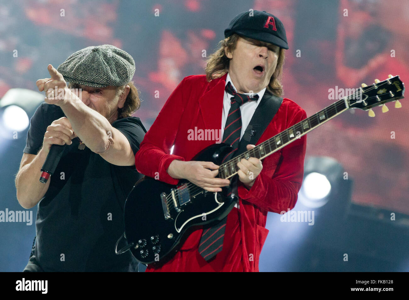 Nuremberg, Germany. 8th May, 2015. Singer of the Australian rock band AC/DC, Brian Johnson (l), and guitarist Angus Young on stage at the start of their German tour in Nuremberg, Germany, 8 May 2015. Photo: Daniel Karmann/dpa/Alamy Live News Stock Photo