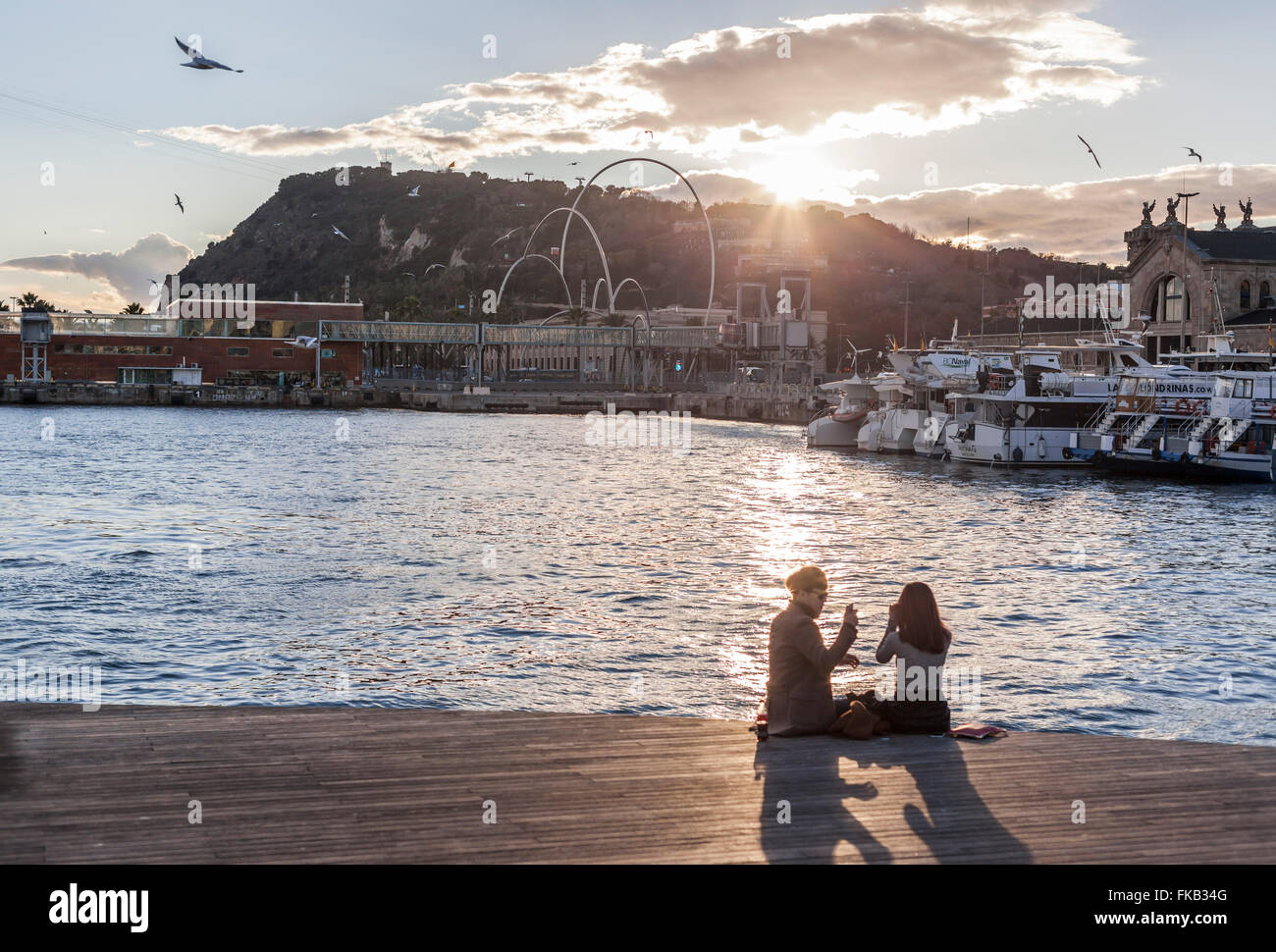 Port Vell view at sunset, Barcelona. Stock Photo