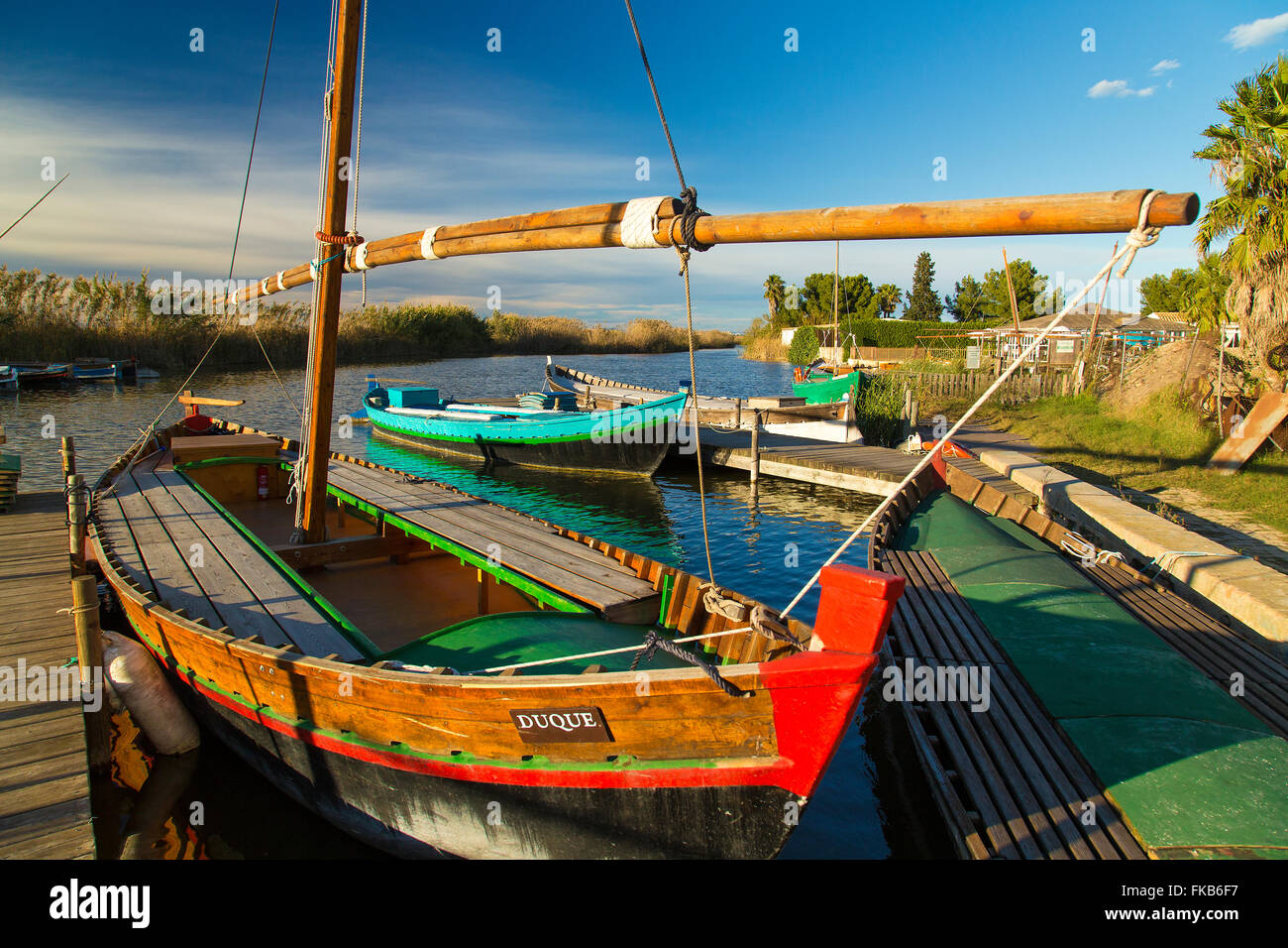 El Palmar wetlands south of Valencia bordering the Albufera National Park - boats, waterways, fishermen and restaurants. Stock Photo