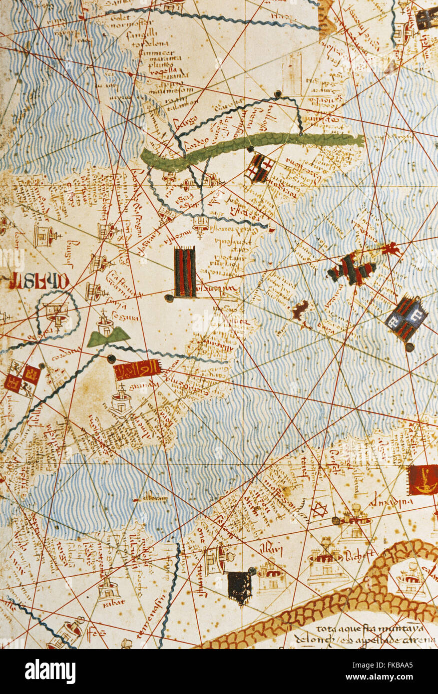 The Catalan Atlas, 1375. Attributed to the Majorcan Jewish cartographers Abraham and Jehuda Cresques, was service of King of Aragon. National Library of France, Paris. Stock Photo