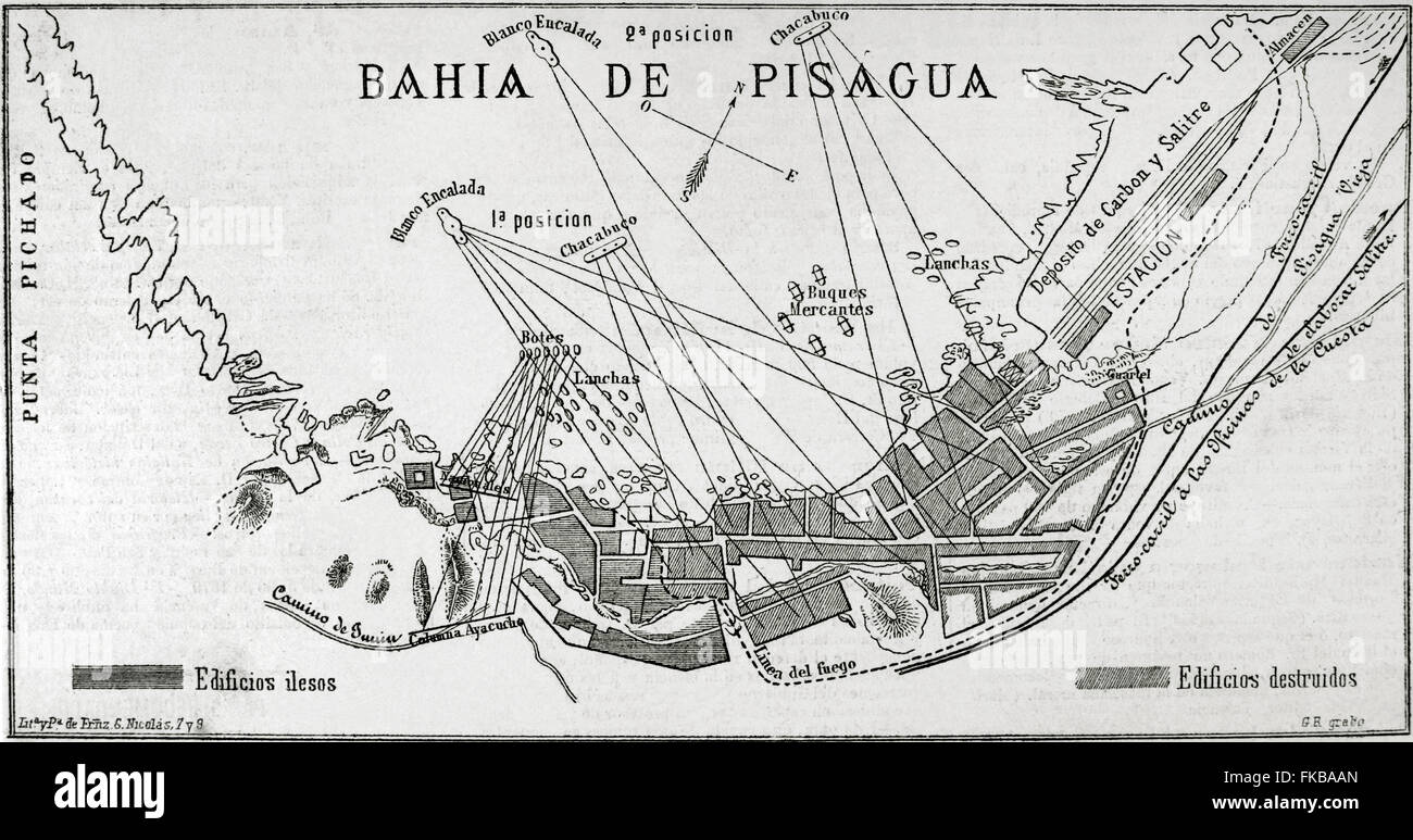 War of the Pacific.1879-1883. Conflict between Chile and Peru and Bolivia. Plane of the bay and town of Pisagua. La Ilustracion Espanola y Americana, 1879. Stock Photo