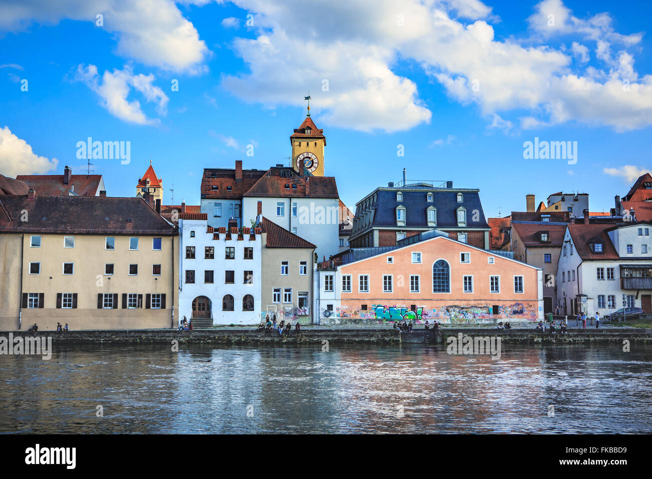REGENSBURG, BAVARIA, GERMANY - CIRCA JULY, 2015: Town view over Danube river in Regensburg Stock Photo