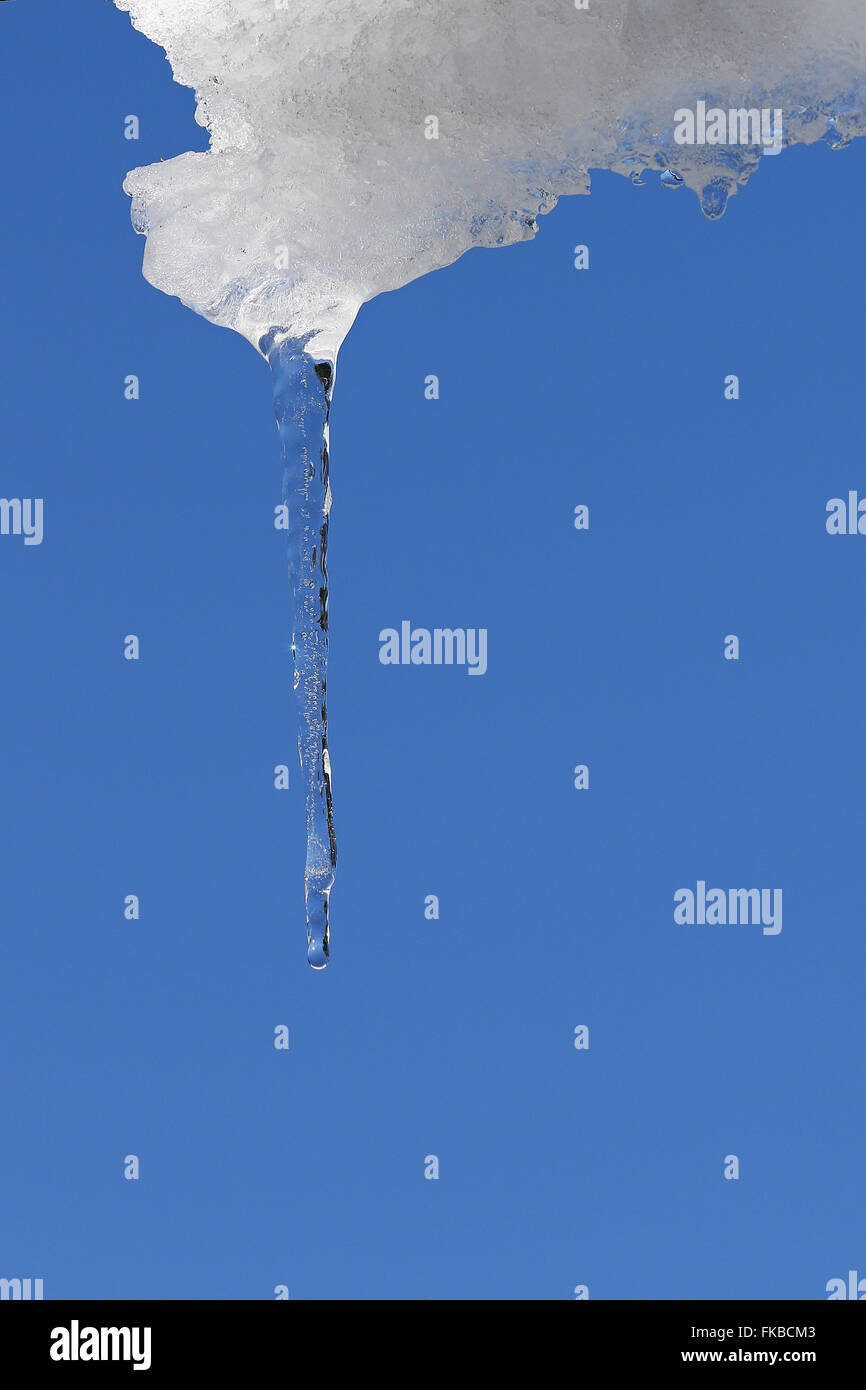 Snow and icicle against clear blue skies Stock Photo
