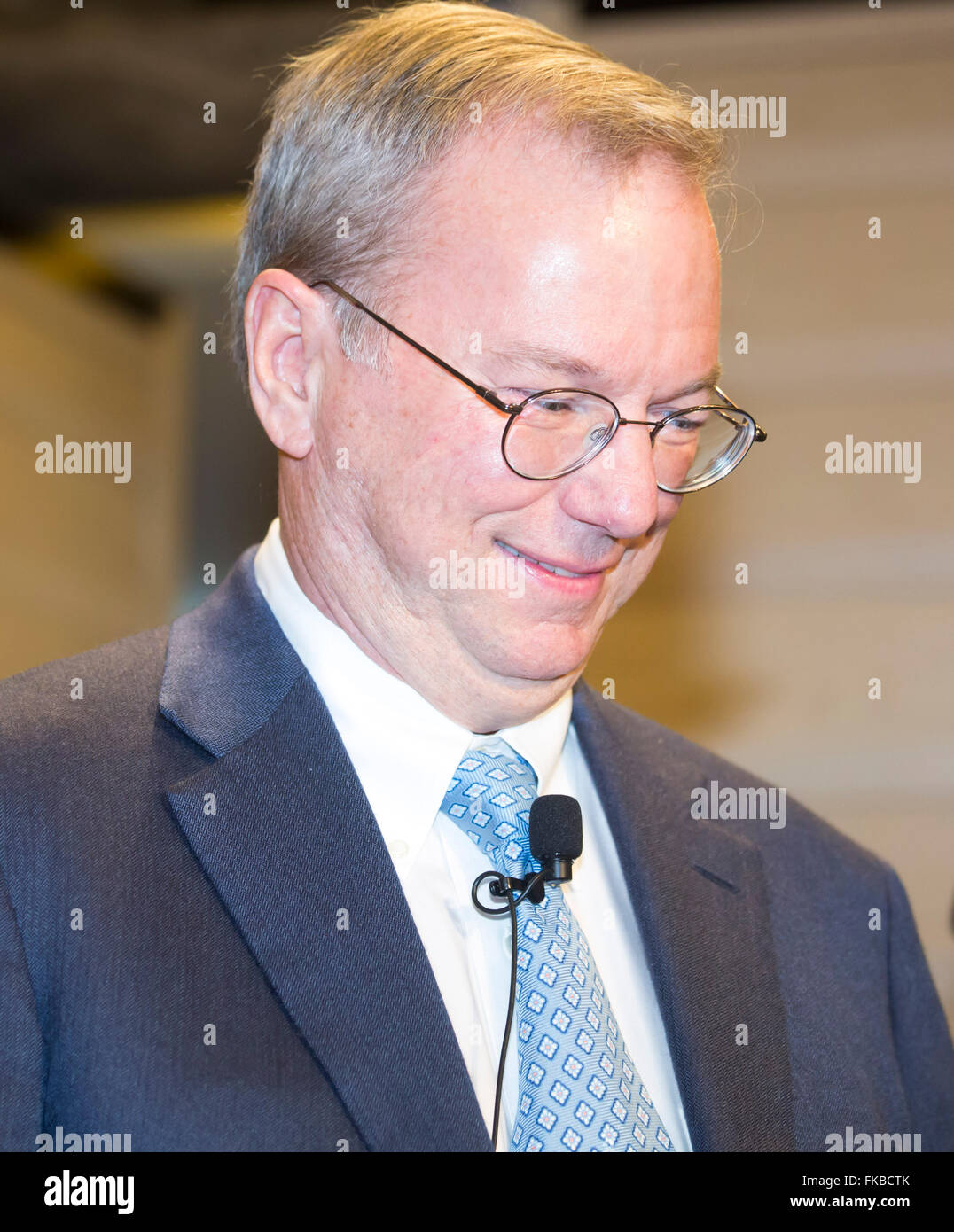 Eric Schmidt, Mar 8, 2016 : Google Chairman Eric Schmidt arrives for a pre-match press conference in Seoul, South Korea. The historic human-computer showdown in the ancient board game Go begins on Wednesday in Seoul, with the winner's prize of US$1 million at stake. The matches will be also held at the same place on Thursday, Saturday and Sunday and will end next Tuesday. The prize will be donated to UNICEF and other charities, if AlphaGo wins, local media reported. © Lee Jae-Won/AFLO/Alamy Live News Stock Photo