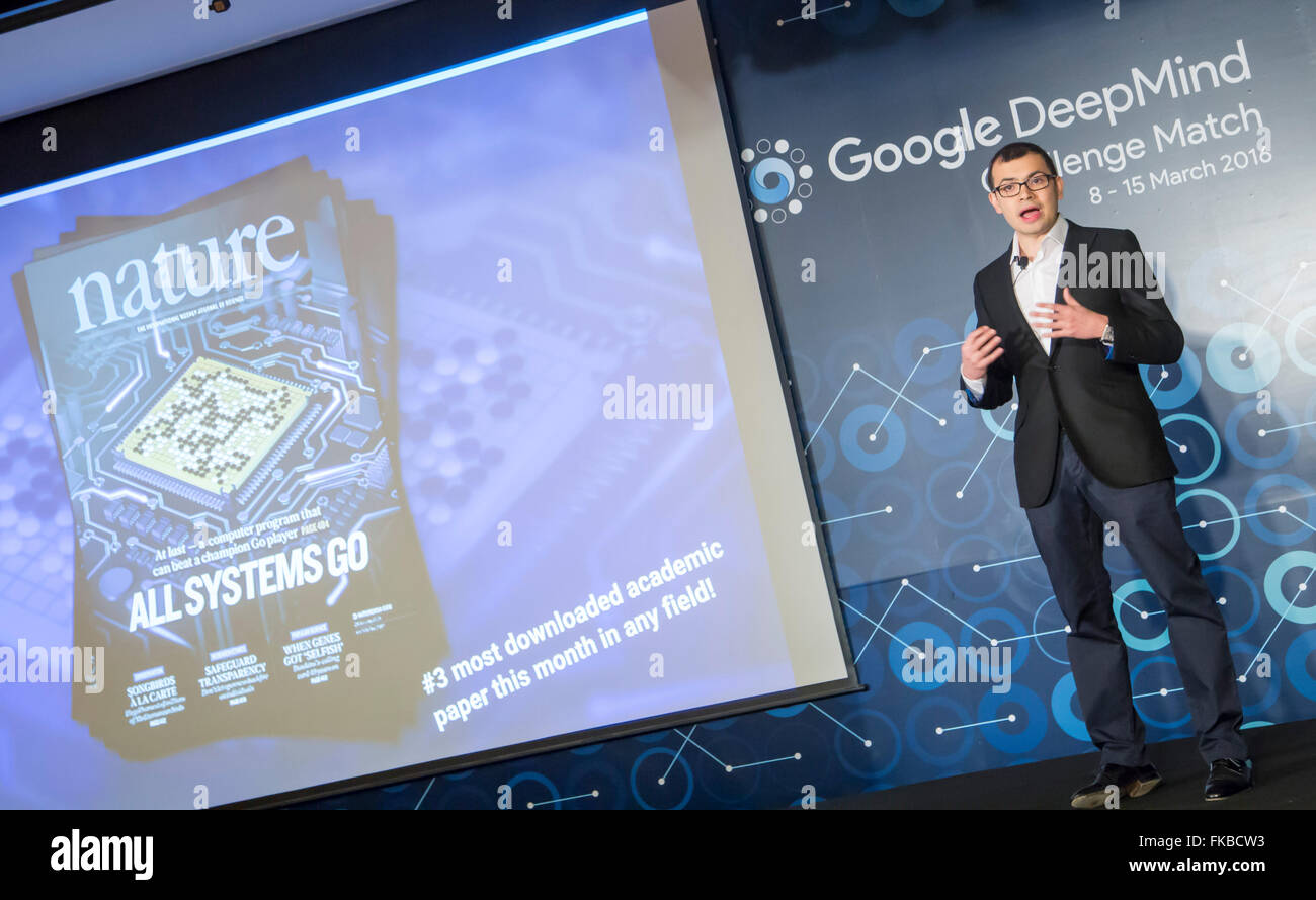 Demis Hassabis, Mar 8, 2016 : Demis Hassabis, CEO of the AlphaGo developer Google DeepMind, speaks during a pre-match press conference of human-computer showdown in Seoul, South Korea. The historic human-computer showdown in the ancient board game begins on Wednesday in Seoul, with the winner's prize of US$1 million at stake. The matches will be also held at the same place on Thursday, Saturday and Sunday and will end next Tuesday. The prize will be donated to UNICEF and other charities, if AlphaGo wins, local media reported. © Lee Jae-Won/AFLO/Alamy Live News Stock Photo