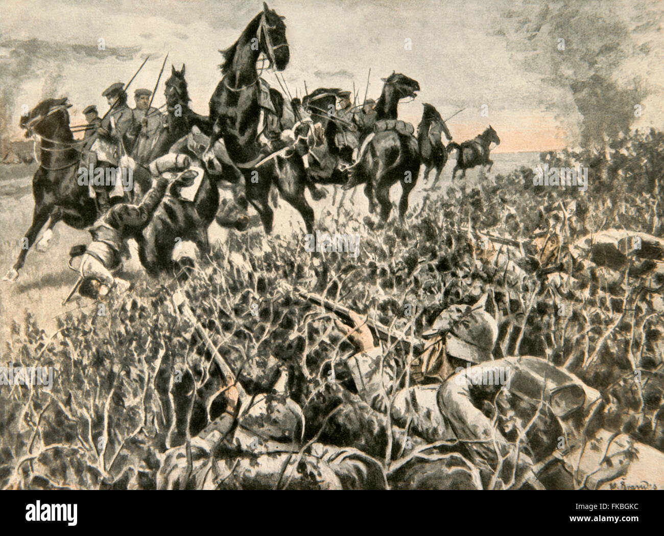 World War I (1914-1918). Three German soldiers (Central Powers) hiding to attack Russian cavalry scouts (Allies). Kutno, Poland. Engraving. La Esfera, 1915. Stock Photo