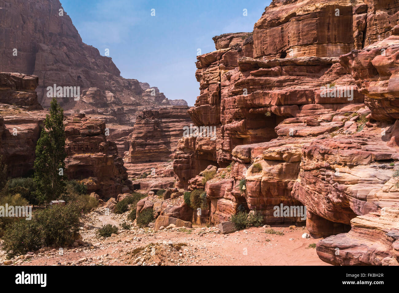 Rock formations in the carved red rock city of Petra, Hashemite Kingdom of Jordan. Stock Photo