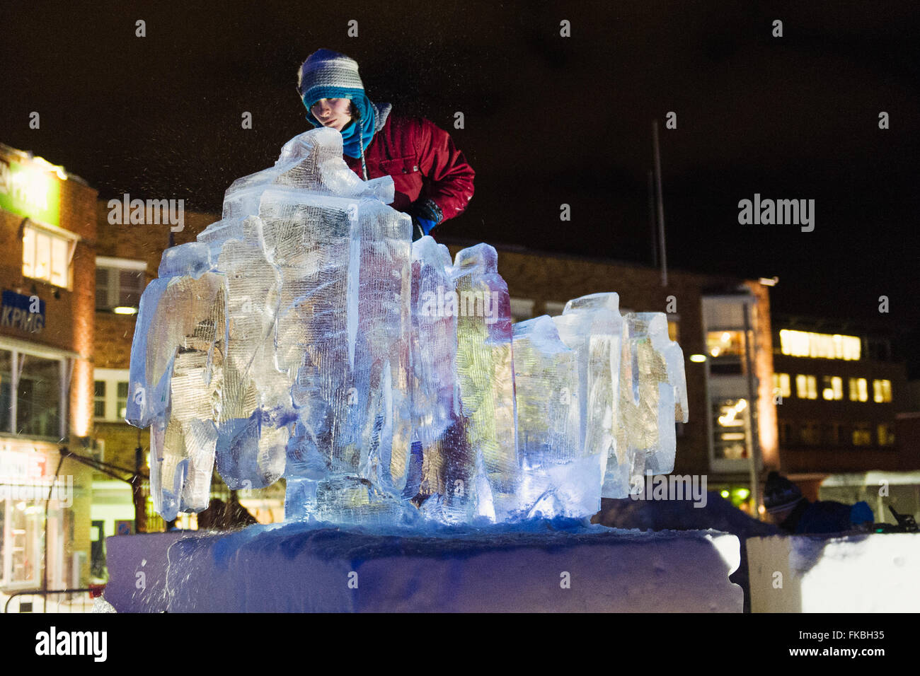 Ice carving sculpture in Alta, Norway. The carvings were created for the launch of the Finnmarksløpet dog race. Stock Photo