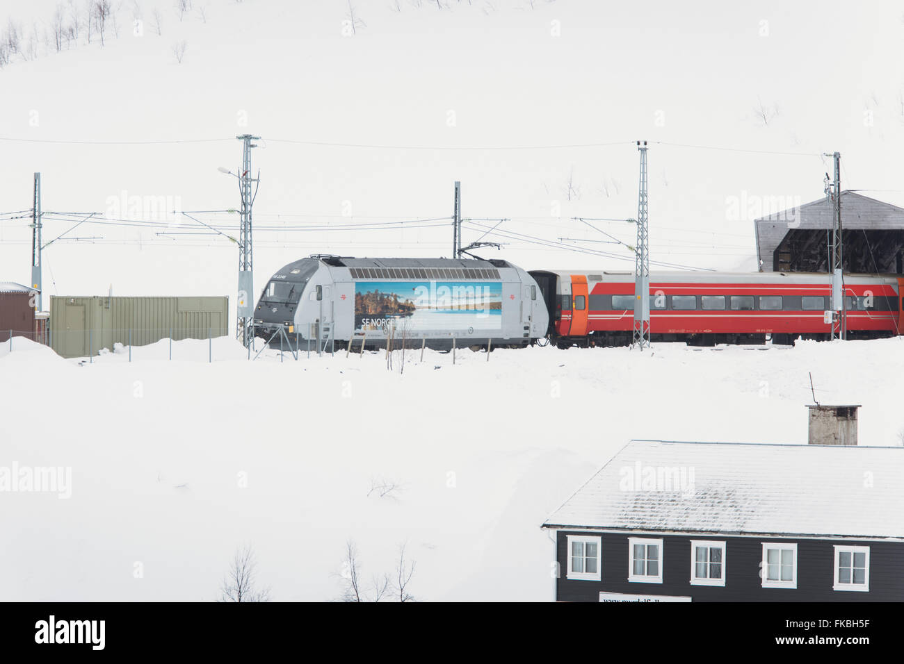 A train arrives at Myrdal station, Norway, on the Bergen line. Stock Photo