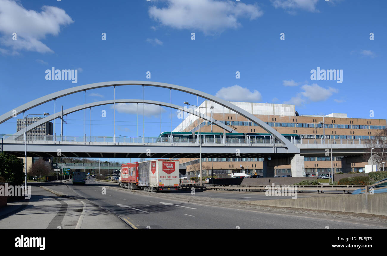 Tram at Nottingham QMC Bridge Stock Photo Alamy