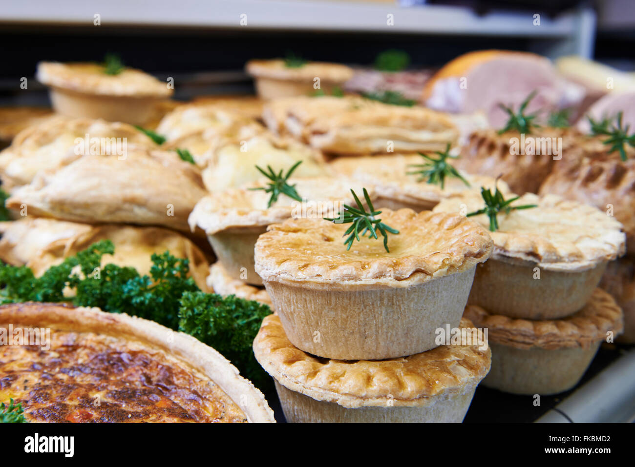 Close Up Of Baked Savoury Goods In Delicatessen Stock Photo Alamy