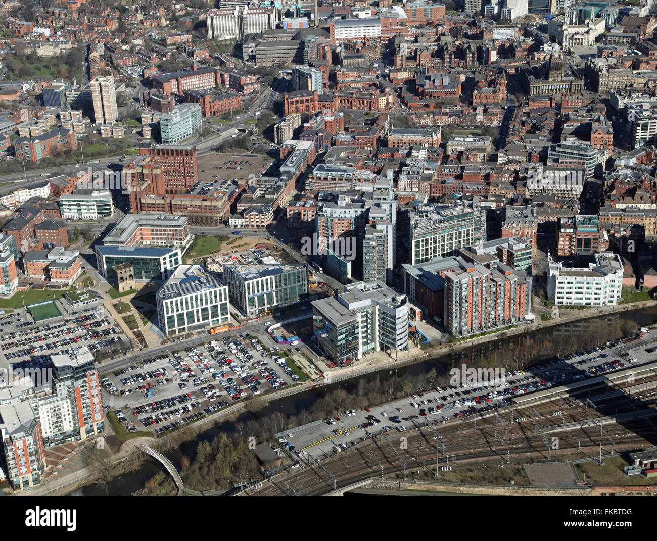 aerial view of Leeds city centre viewed across the River Aire, Whitehall Road and Wellington Street, UK Stock Photo