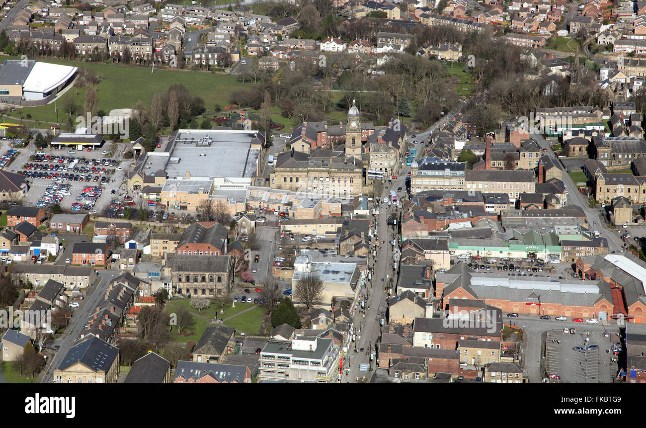 aerial view of Morley looking up Queen Street to the Town Hall, West Yorkshire, UK Stock Photo