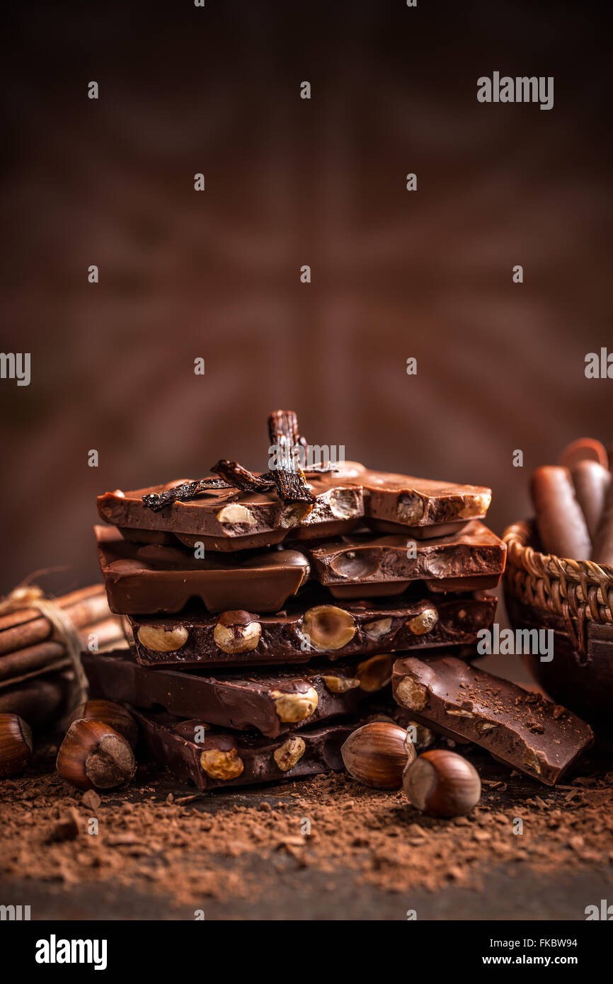 Stack of dark chocolate with nuts Stock Photo