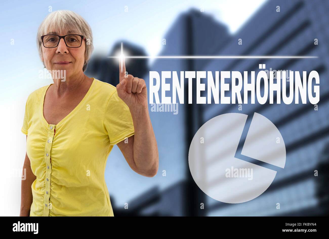 pension increase in german rentenerhoehung touchscreen is shown by senior. Stock Photo