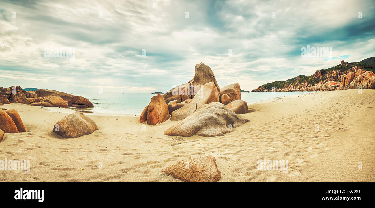 Beautiful beach panorama. Stones on the foreground Stock Photo
