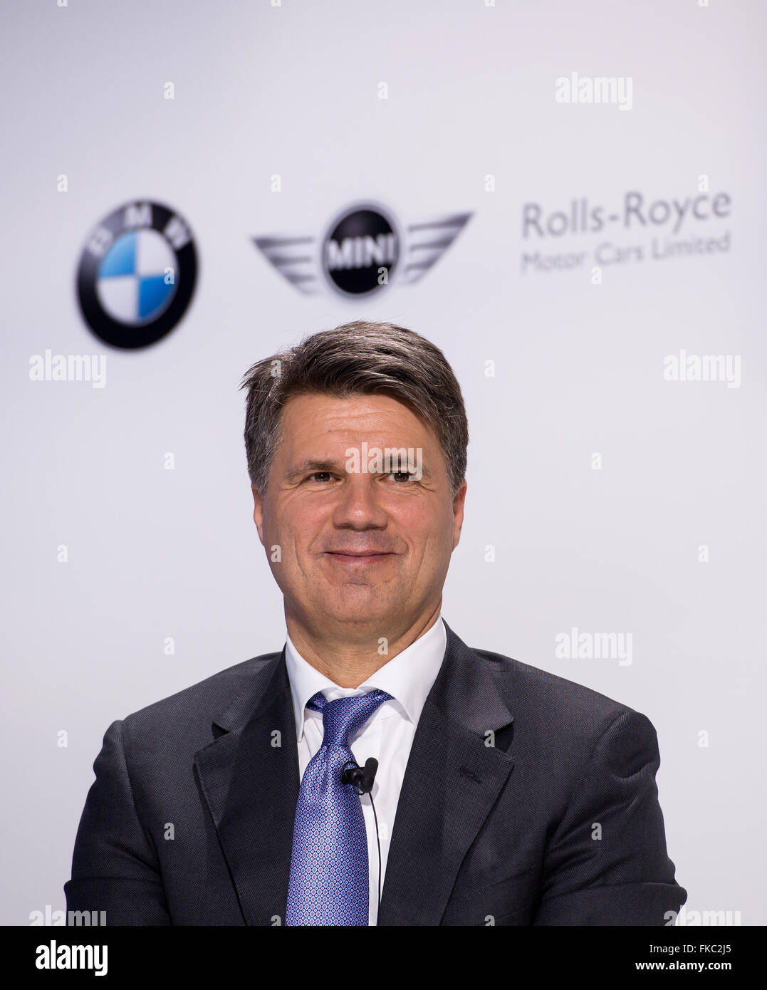 Munich, Germany. 07th Mar, 2016. BMW AG CEO Harald Krueger attends a press conference in Munich, Germany, 07 March 2016. The Bayerische Flugzeugwerke (lit. Bavarian Aircraft Works) were founded on 07 March 1916, which were later renamed to Bayerische Motoren Werke (BMW, lit. Bavarian Motor Works). Photo: SVEN HOPPE/dpa/Alamy Live News Stock Photo