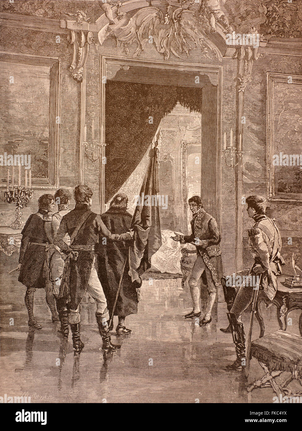 Italian Risorgimento - july 7 1820 The Carbonari deputies present with the flag at the palace of Ferdinand I of Bourbon, Stock Photo