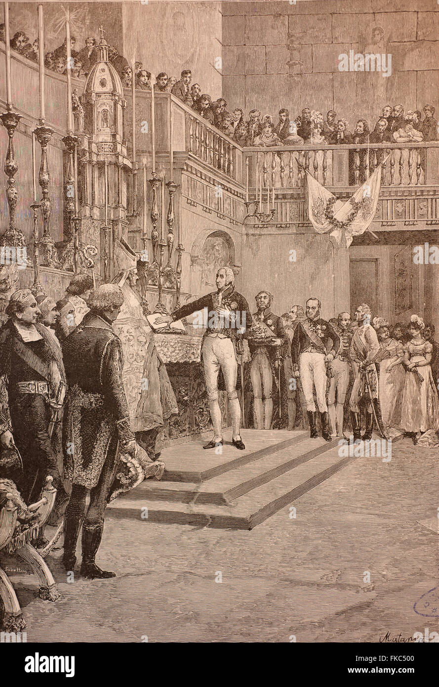 Italian Risorgimento -1820 Naples Ferdinand I of Bourbon , King of two siciles Jura the Constitution Stock Photo