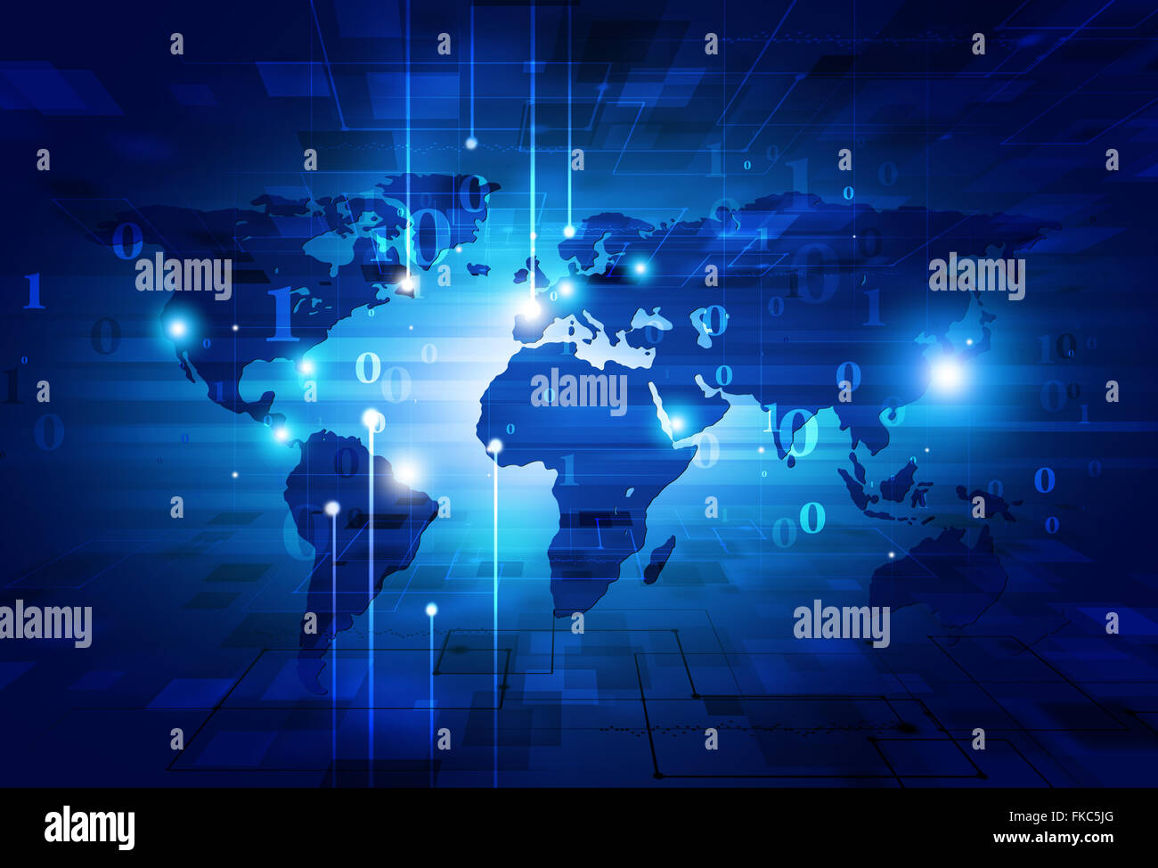 abstract technology binary code and world map on blue background Stock ...