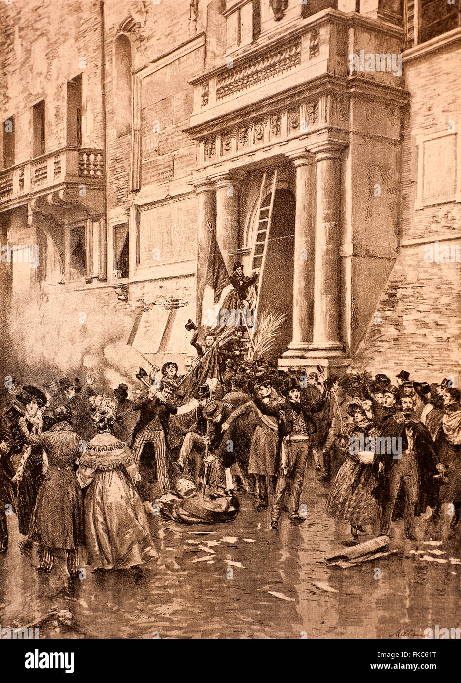 Italian Risorgimento February 5,1831  The people of Bologna they land the insignia of the Government Palace, and will replace the flags the tricolor Stock Photo