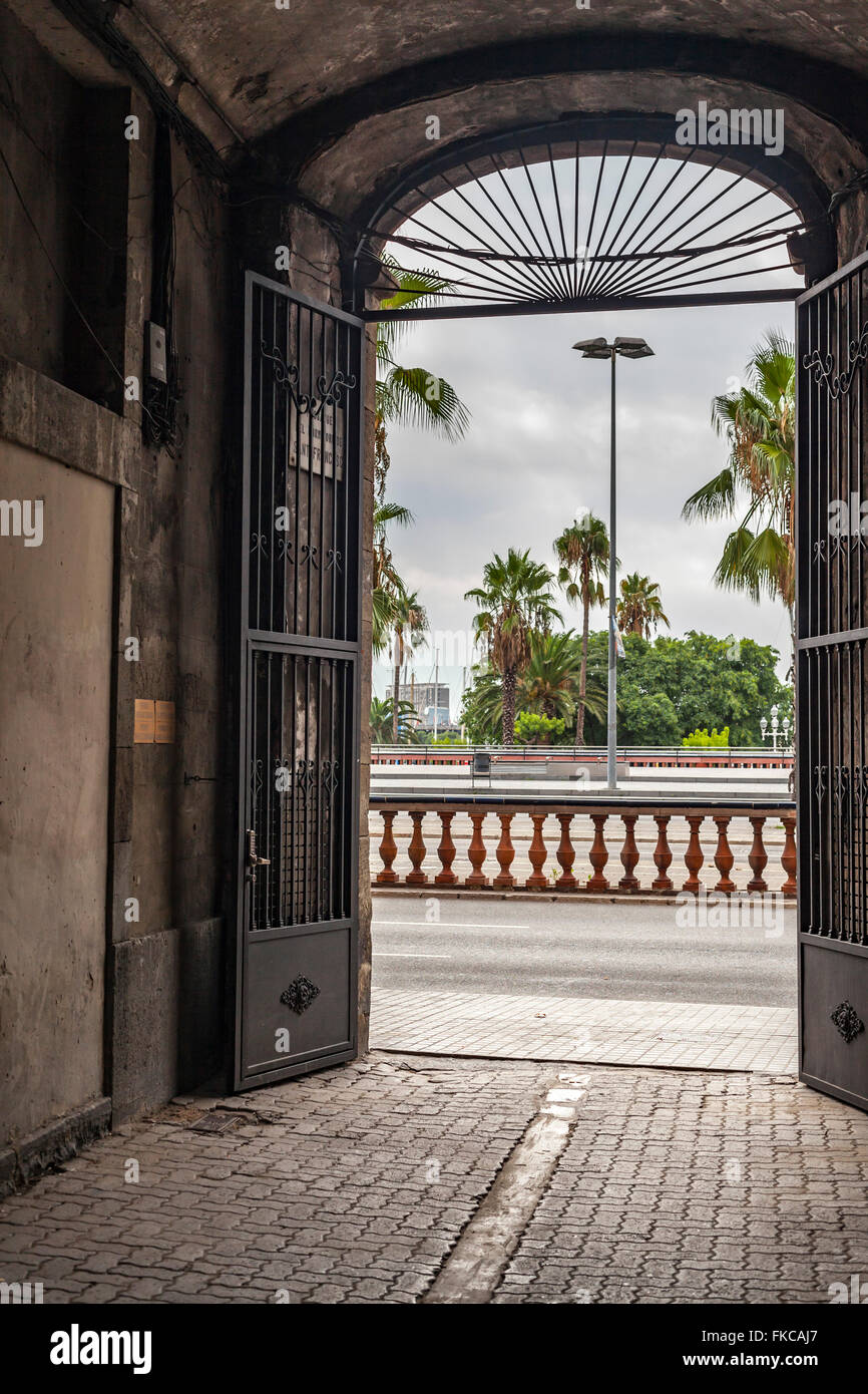 Door alleway exit Port Vell, Barcelona. Stock Photo