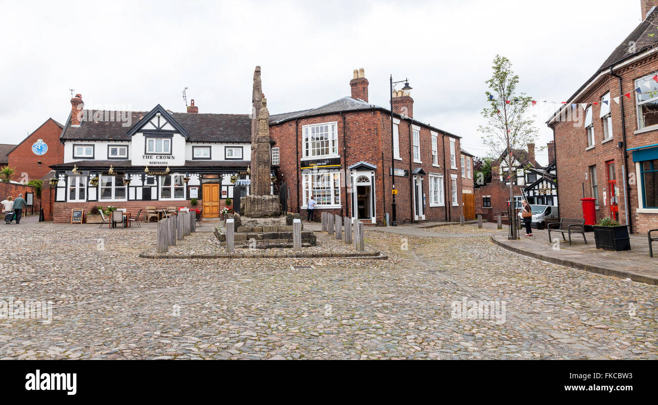 The Sandbach Crosses are two 9th-century stone Anglo-Saxon crosses in the market place Sandbach, Cheshire England UK Stock Photo