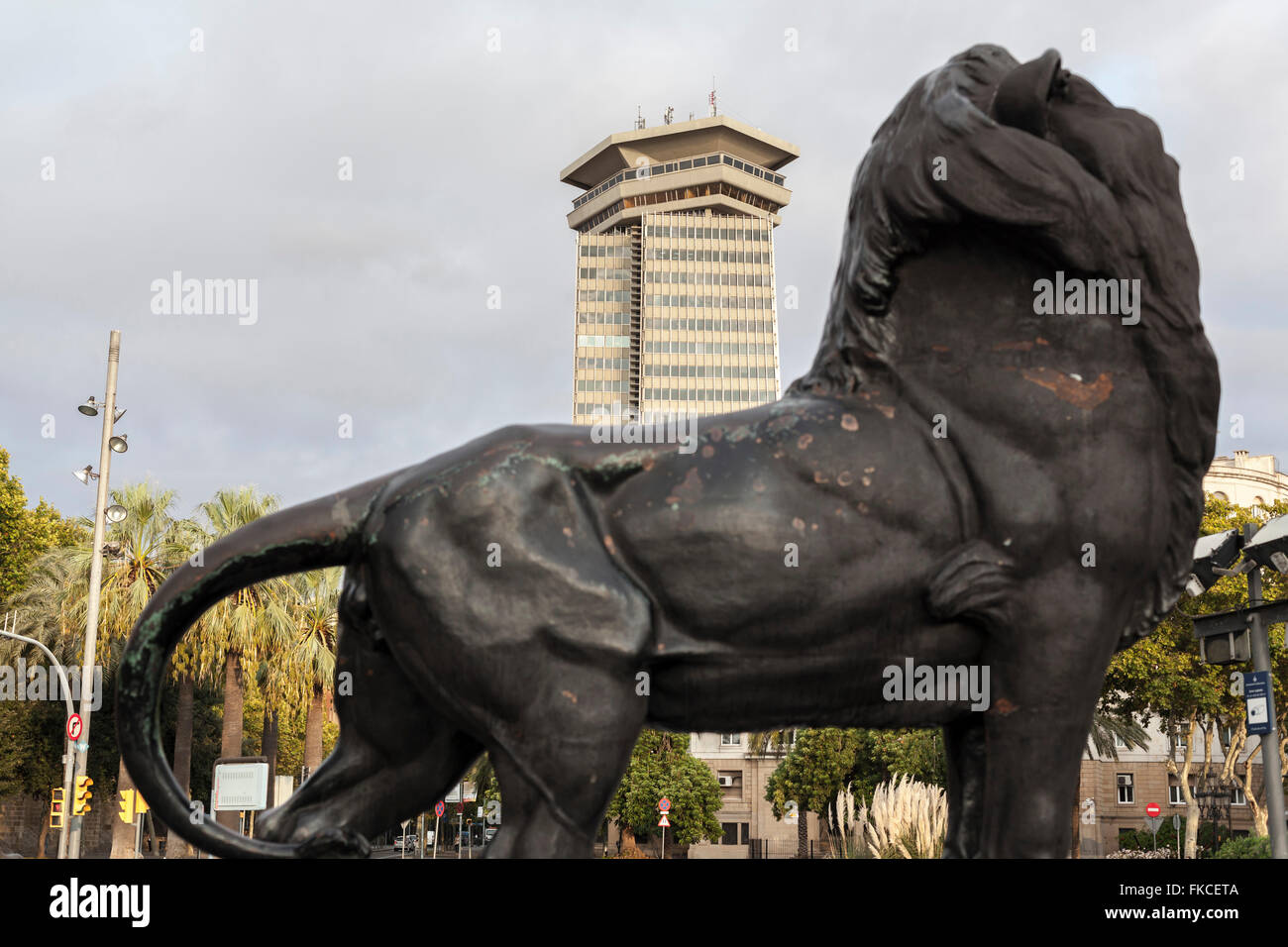 Lion statue in Monument to Colon, Ramblas, Port Vell, Barcelona Stock Photo