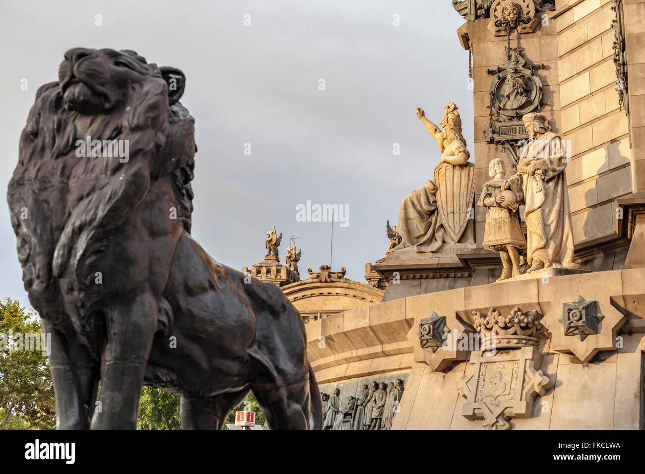 Lion statue in Monument to Colon, Ramblas, Port Vell, Barcelona Stock Photo