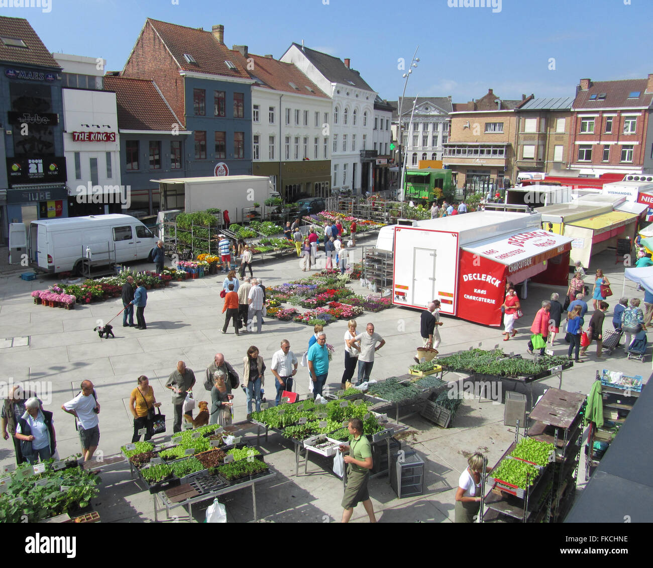 AALST, BELGIUM, JUNE 21 2014: View of the Hop Markt and the Saturday morning market in Aalst. Stock Photo
