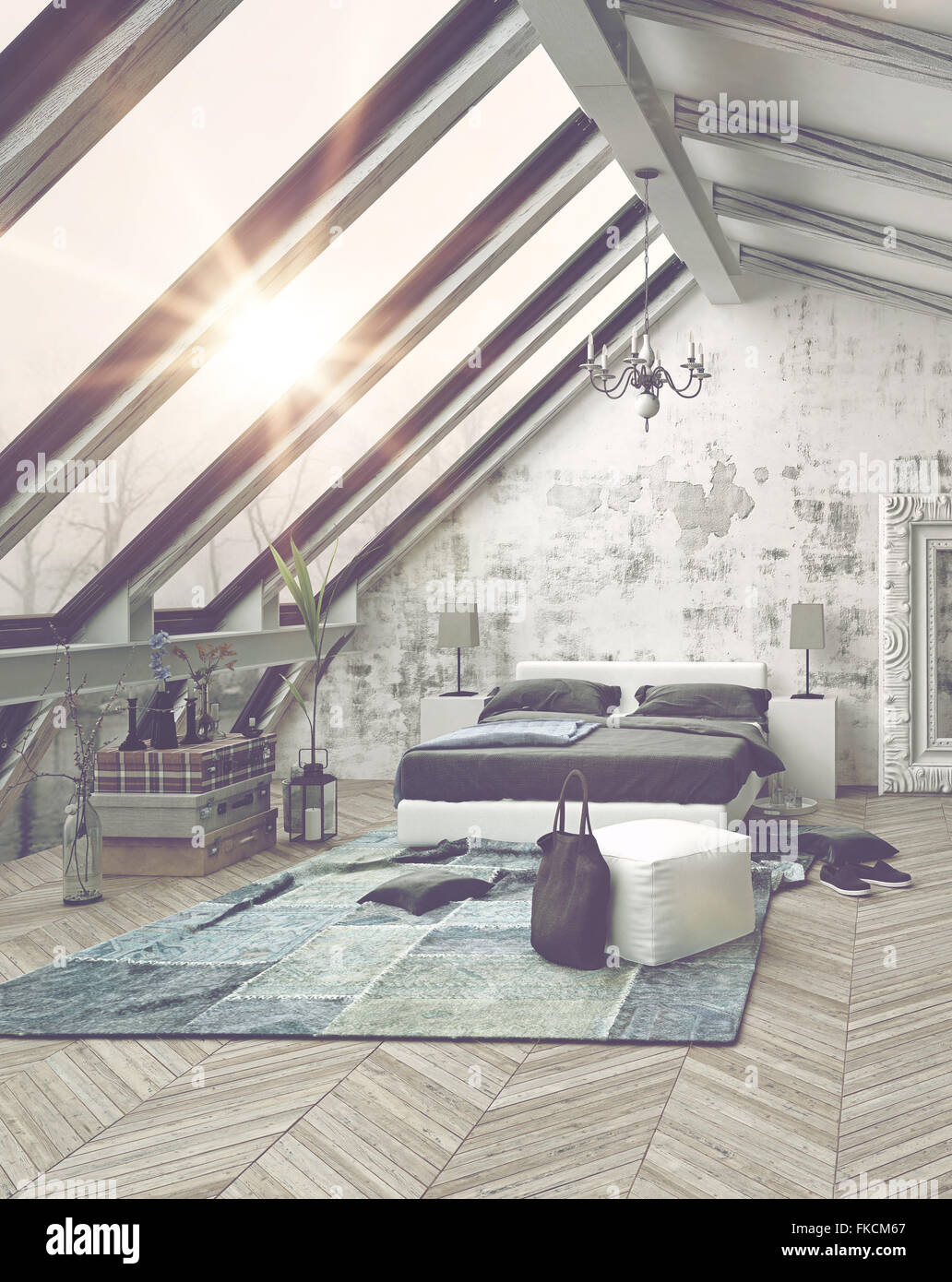 Chandelier Hanging Above Bed In Room With Vaulted Ceiling