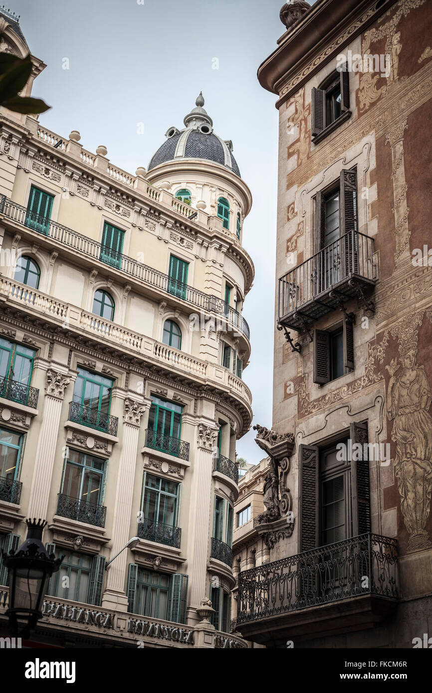 Casa dels Velers (right) with wall sgraffito, Via Laietana, Barcelona. Stock Photo