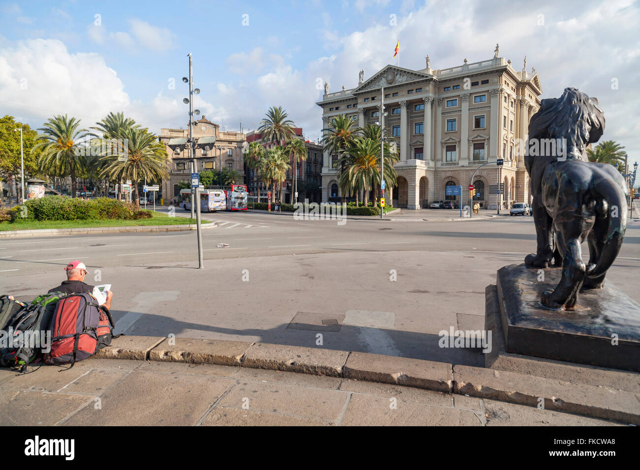 Lion statue in Monument to Colon, Ramblas, Port Vell, Barcelona. Stock Photo
